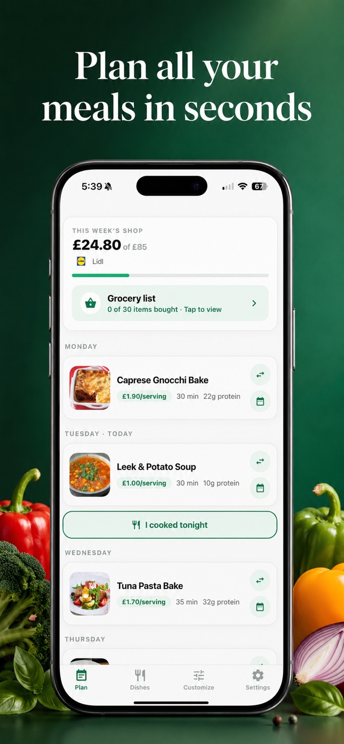 Measy plan screen: a week of dinners with the total against the budget